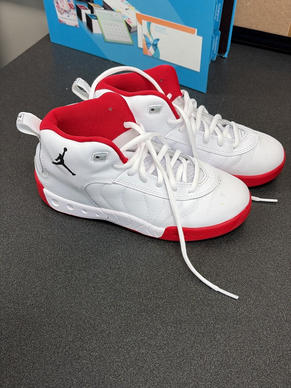 Jordan Kids White and Red Mid-Top Basketball Sneakers